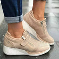 Beige Mary Jane style canvas shoes with rhinestones, Velcro strap, round toe, and thick rubber sole