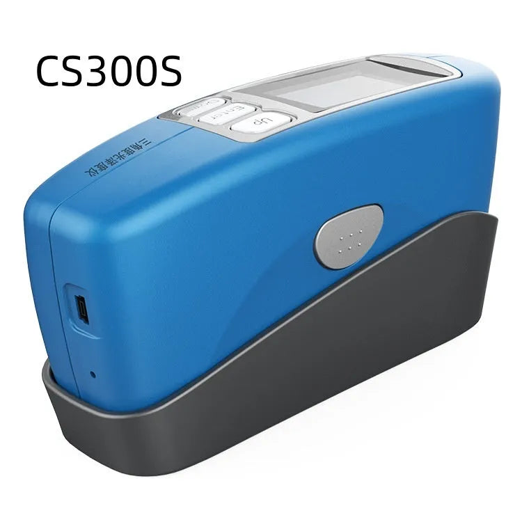 Portable glossiness tester with ceramic calibration stone showing measurement angles