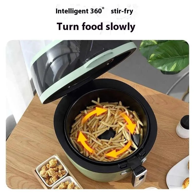 Air fryer oven with visible cooking window and mechanical button controls showing 8L capacity