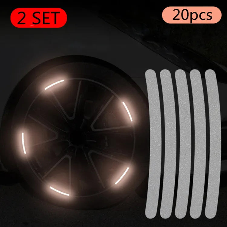 20-piece wheel hub reflective stickers in multiple colours including fluorescent, rainbow, and luminous options