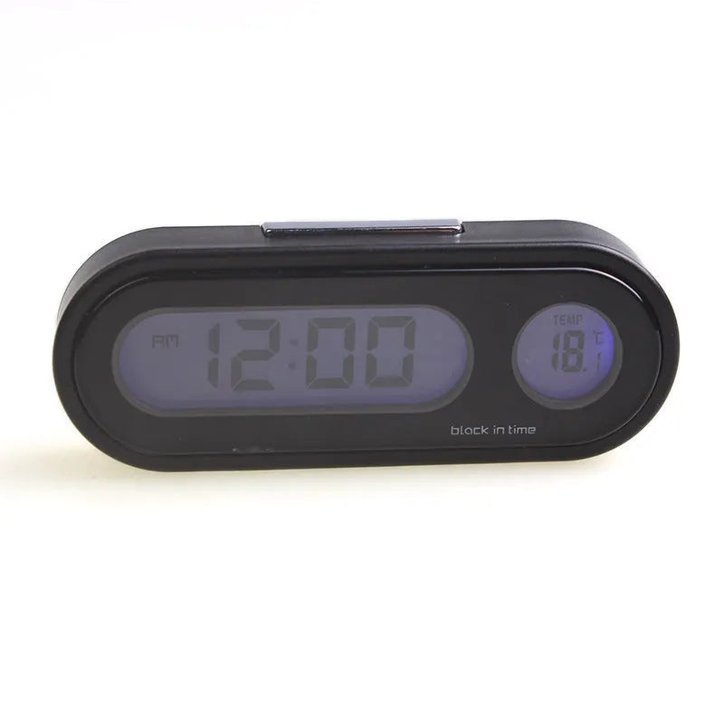 Black electronic car dashboard clock and thermometer unit with digital LED display on an adjustable bracket.