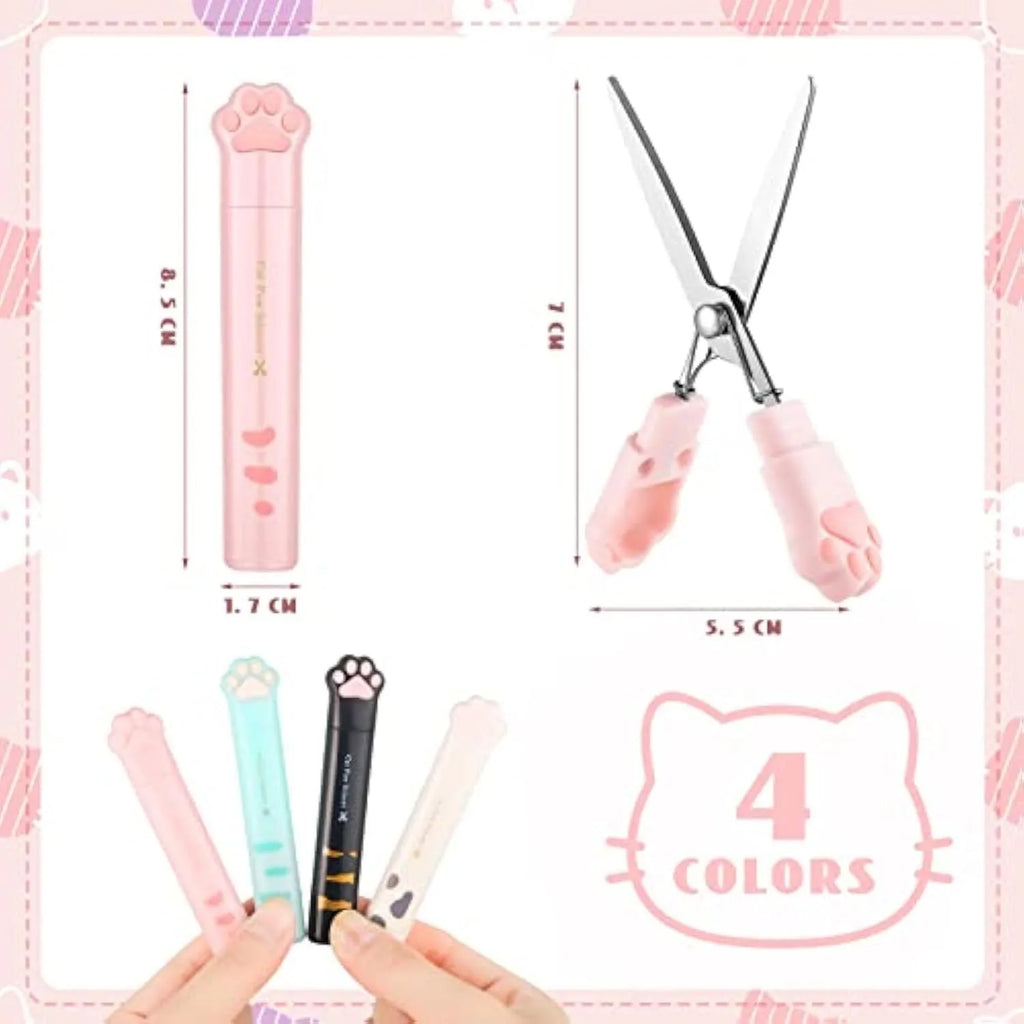 Closed cat paw design folding scissors showing stainless steel blades and handles in one of four colours.