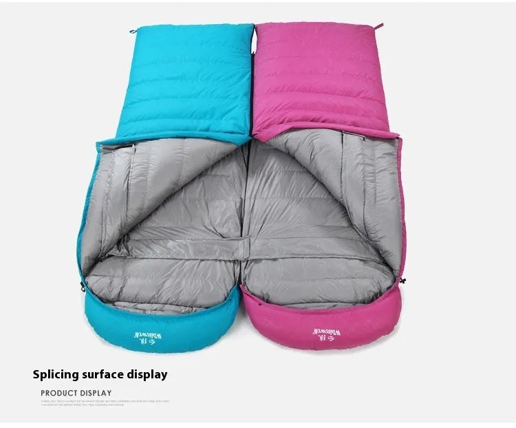 Black outdoor down sleeping bag with envelope structure and white goose down filling.