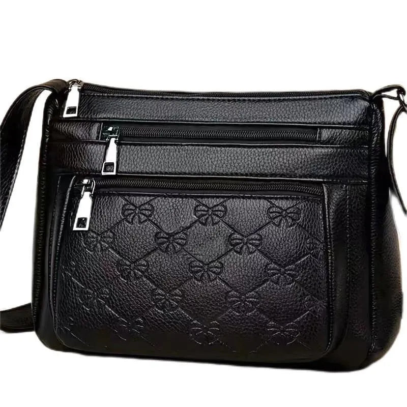 Women's butterfly black PU leather messenger bag with mobile phone pocket and crossbody strap