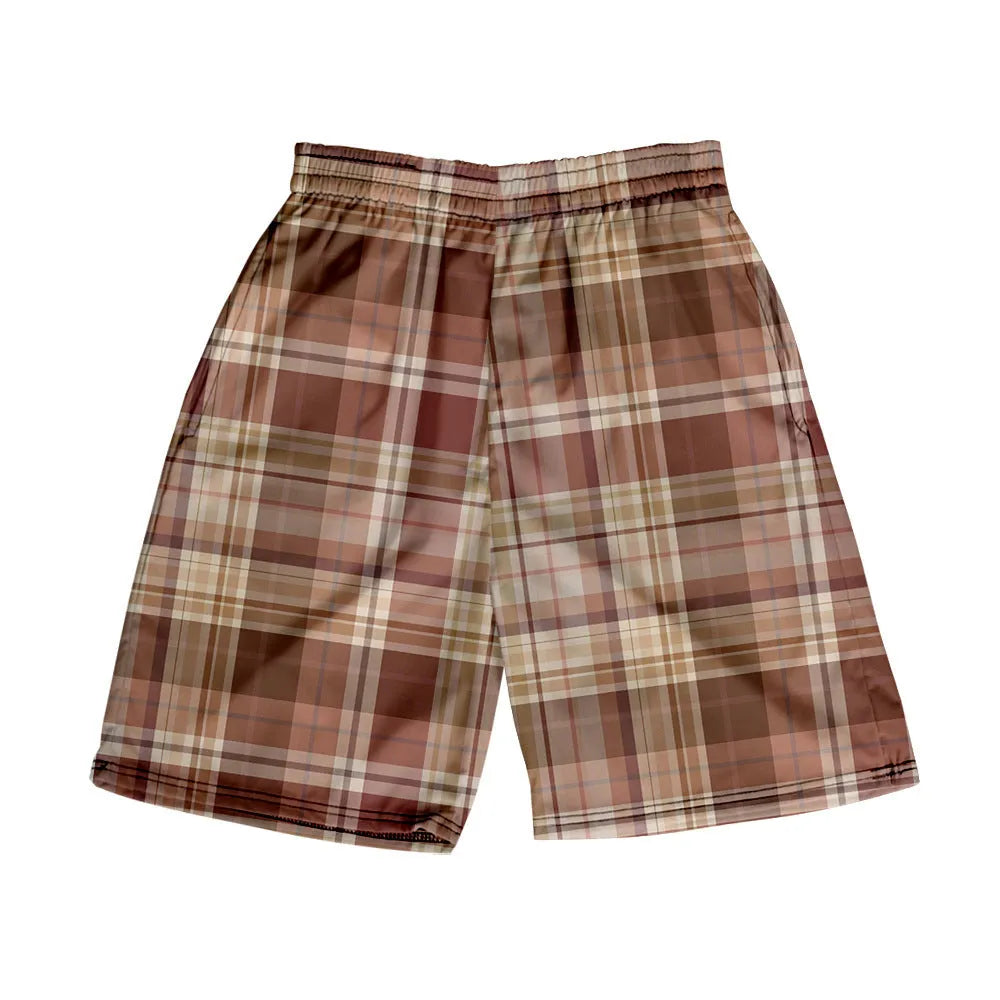 Man wearing casual plaid polyester shorts with an elastic waistband, shown in a straight-leg shorts style.