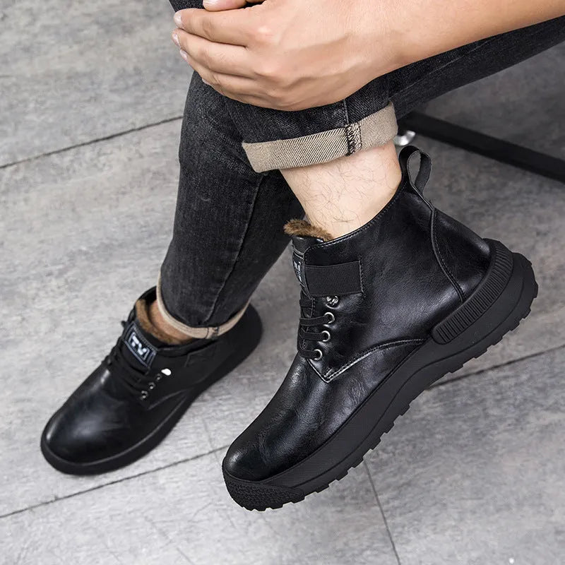 Men's black high-top platform Martin boots with artificial PU upper and rubber sole.