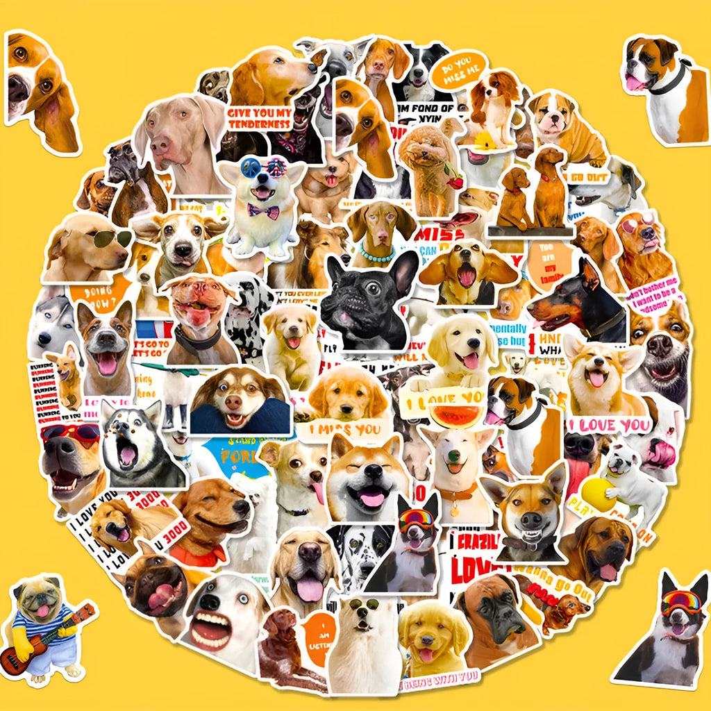 Pack of 100 realistic dog facial expression sticker sheets in Nordic style