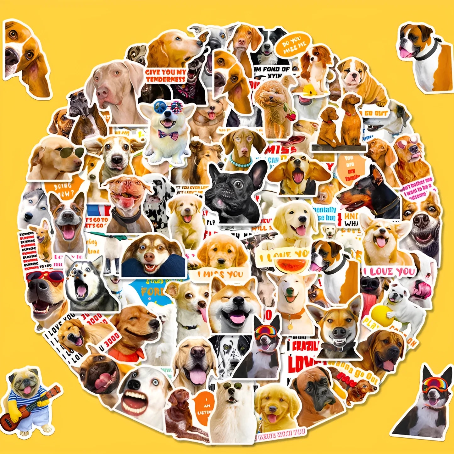 Pack of 100 realistic dog facial expression sticker sheets in Nordic style
