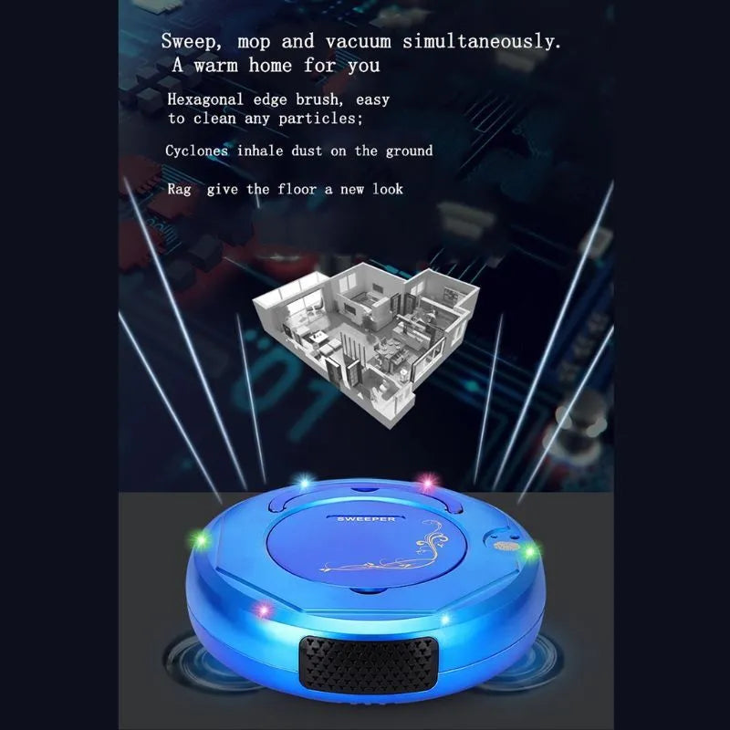 Smart floor sweeping robot vacuum cleaner in black, blue, or white colours on a hard floor surface.