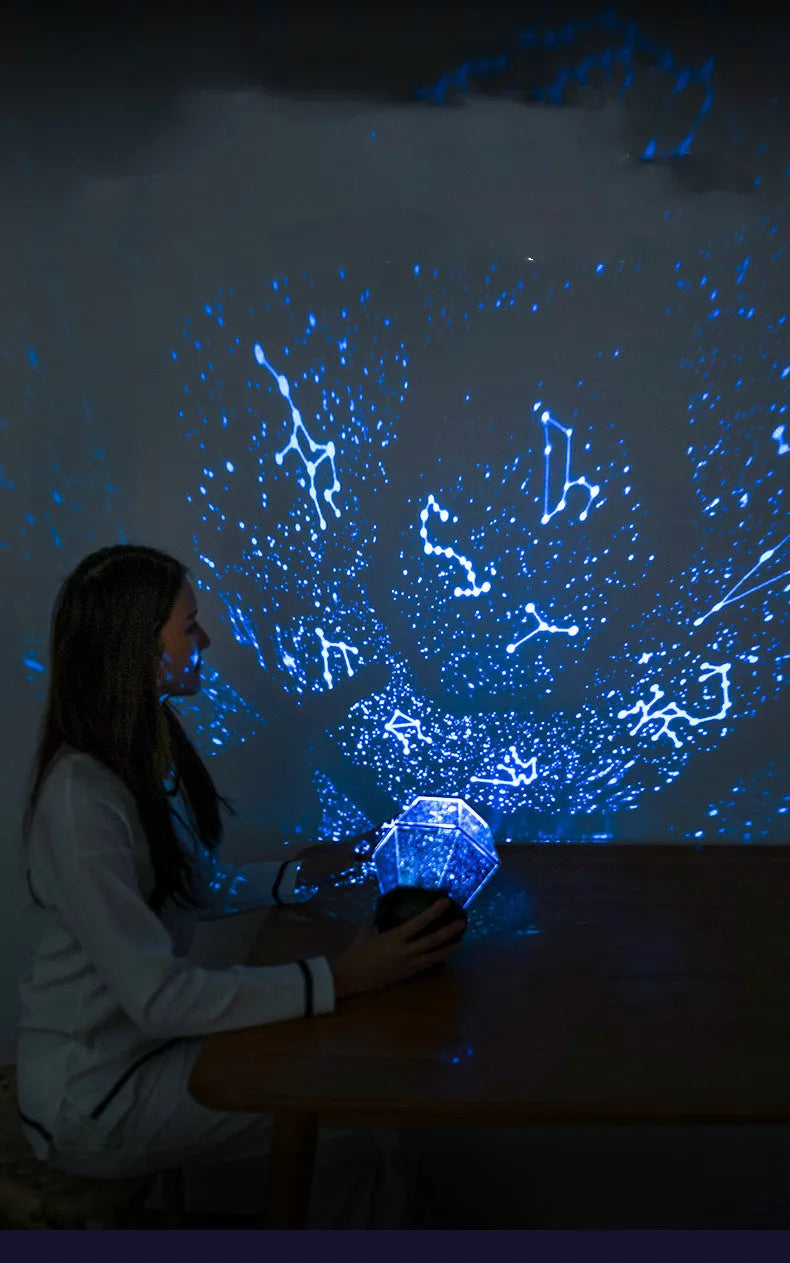 Battery-powered children's rotating star night light projector showing LED colours on a ceiling.