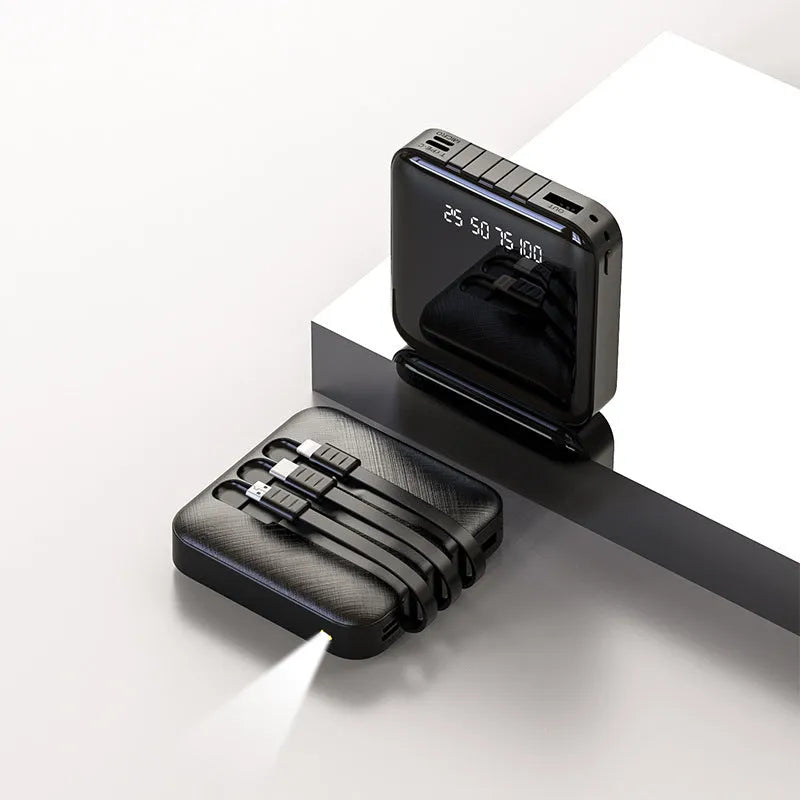 Mirror three-wire power bank with built-in cable in black or red, showing 80mm dimensions