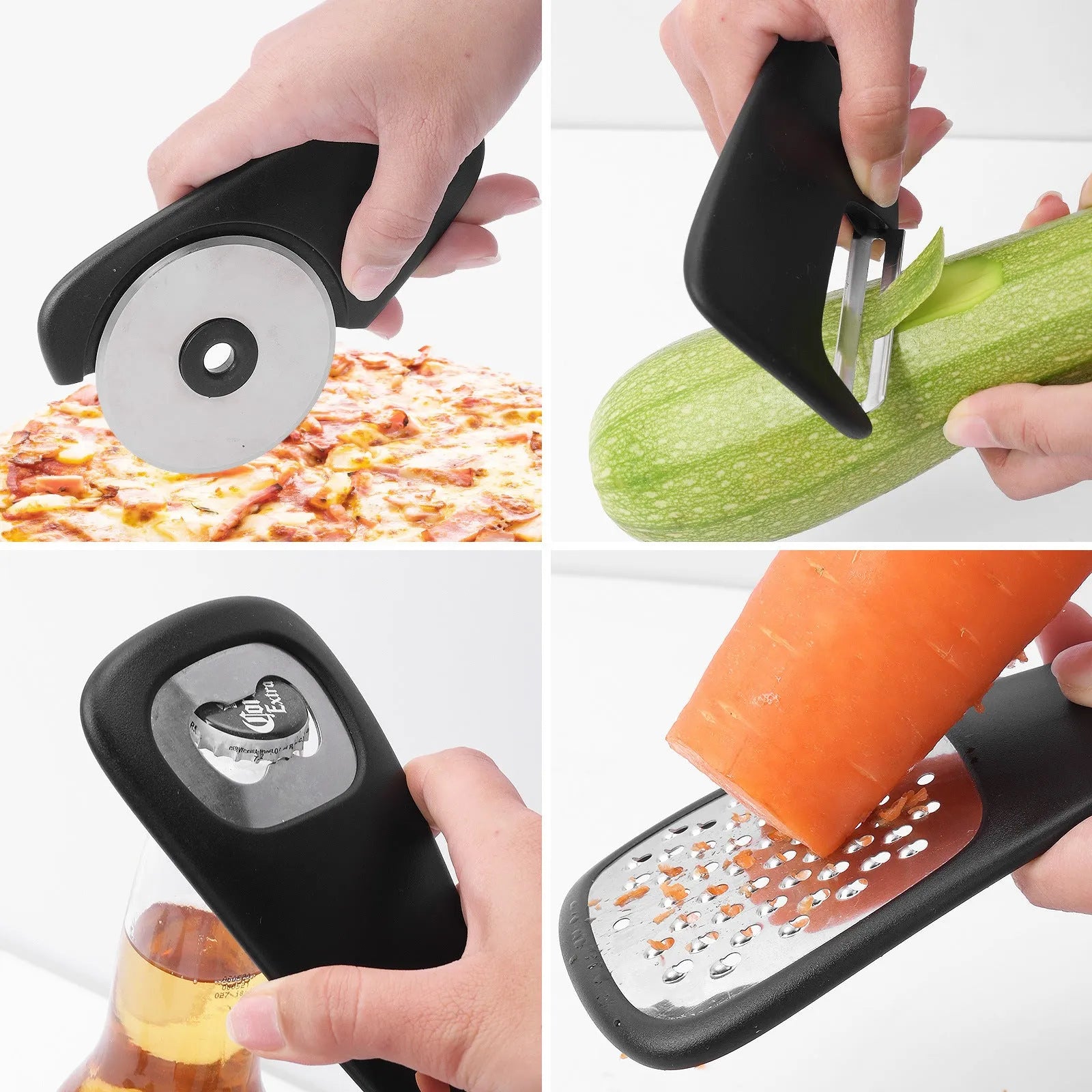 Six stacking kitchen gadgets and a brush in a colour box, made from stainless steel and PP plastic