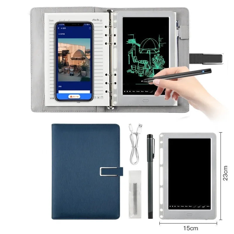 85-inch electronic writing pad with smart pen, shown in black, dark blue, or sky blue with stitching detail.