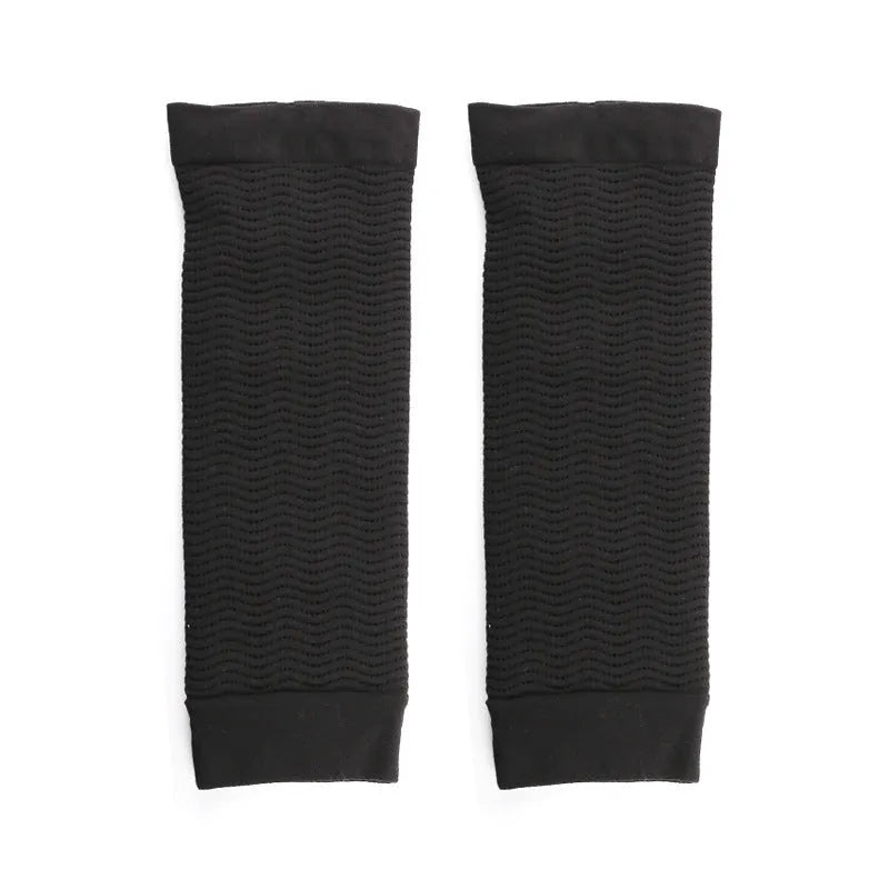 Women's free size shaping arm sleeves in black and skin colour options, made from nylon fabric.