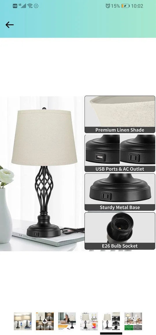 Touch control dimmable bedside table lamp with USB charging port in European alloy design