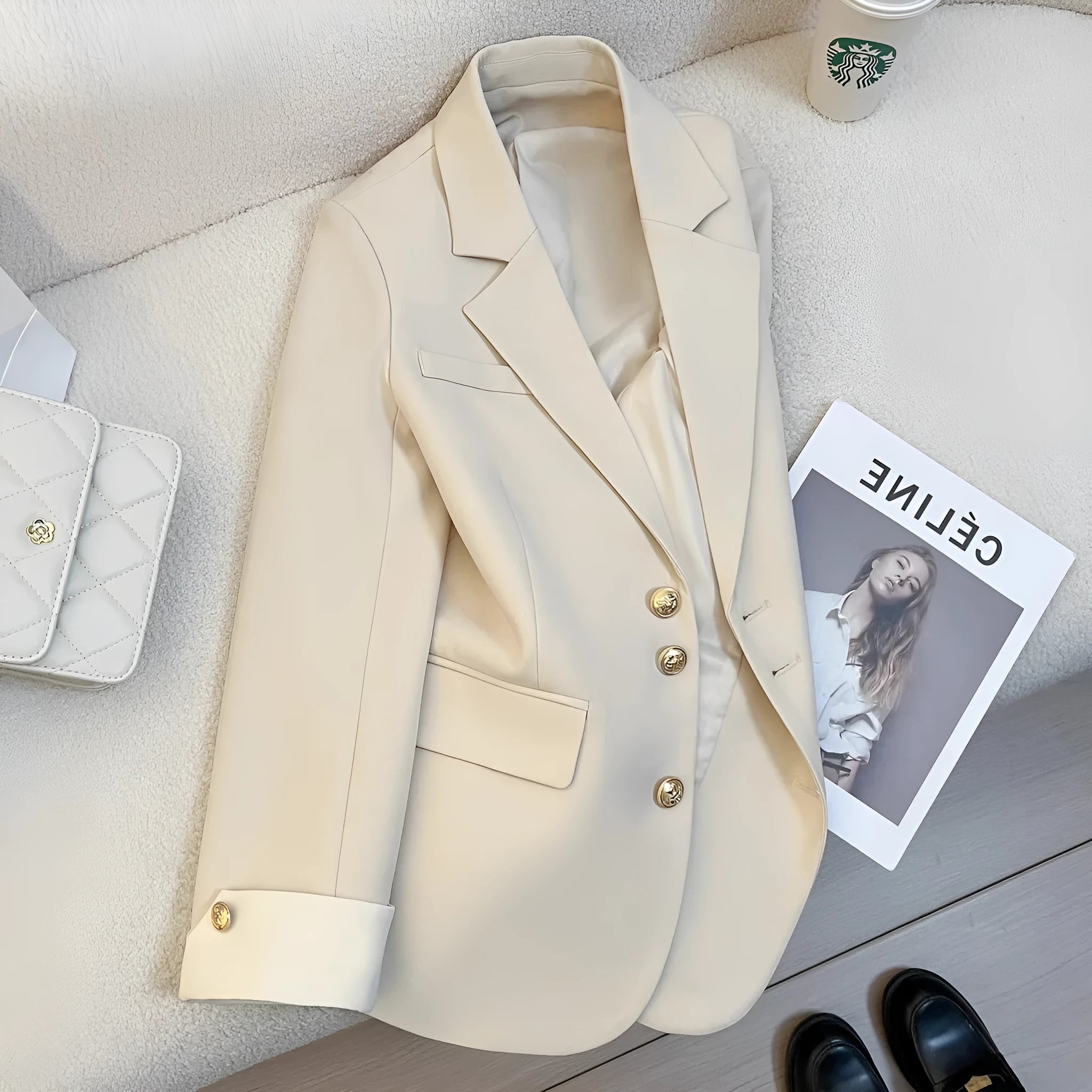 Women's loose fit Korean style trench coat in milky white with pocket detailing