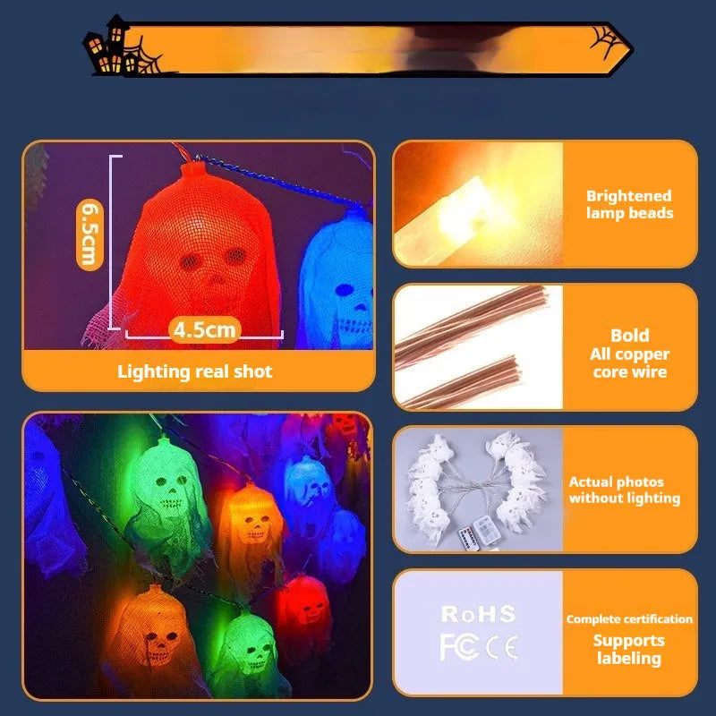Halloween coloured battery-powered LED string lights showing plastic housing and multiple coloured light beads