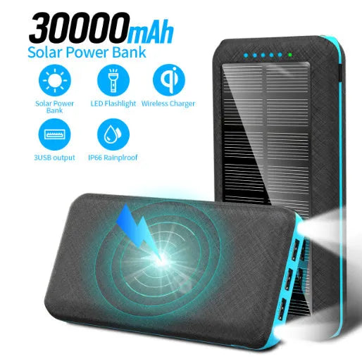Black portable power bank with wireless charging surface and three USB ports for multiple device charging