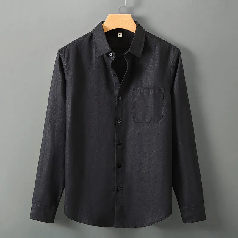 Long sleeve linen shirt in cardigan style with Chinese design elements, shown in light colour on hanger