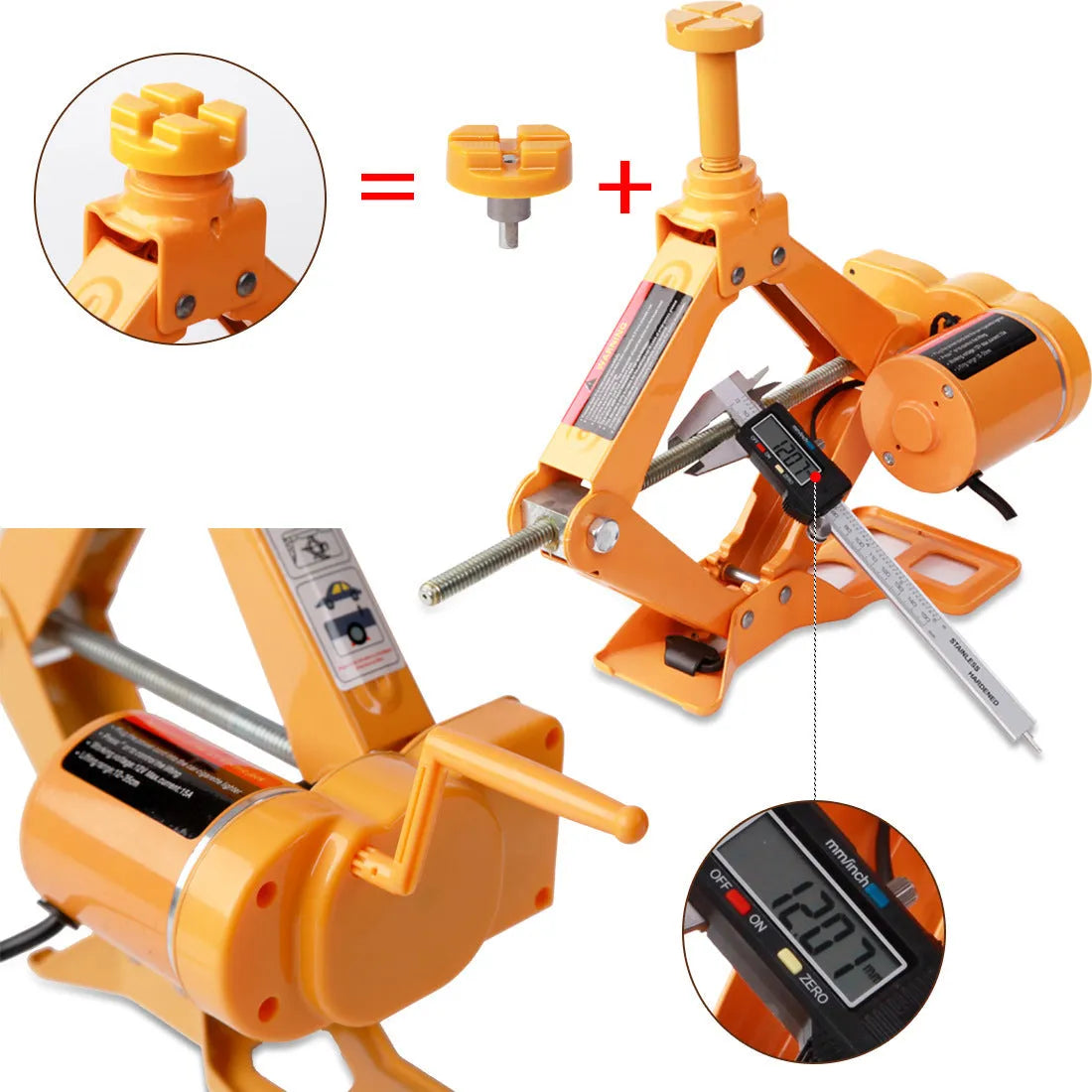 Yellow steel electric car jack and wrench set on a garage floor