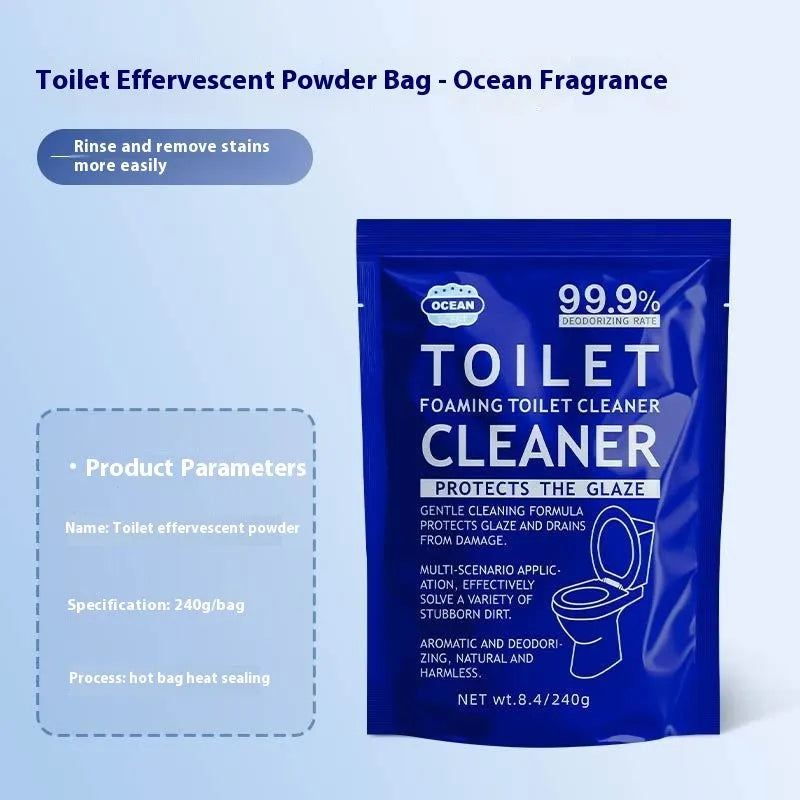 Toilet bubble descaling powder in blue ocean or pink floral scent, in boxed or large bag packaging.