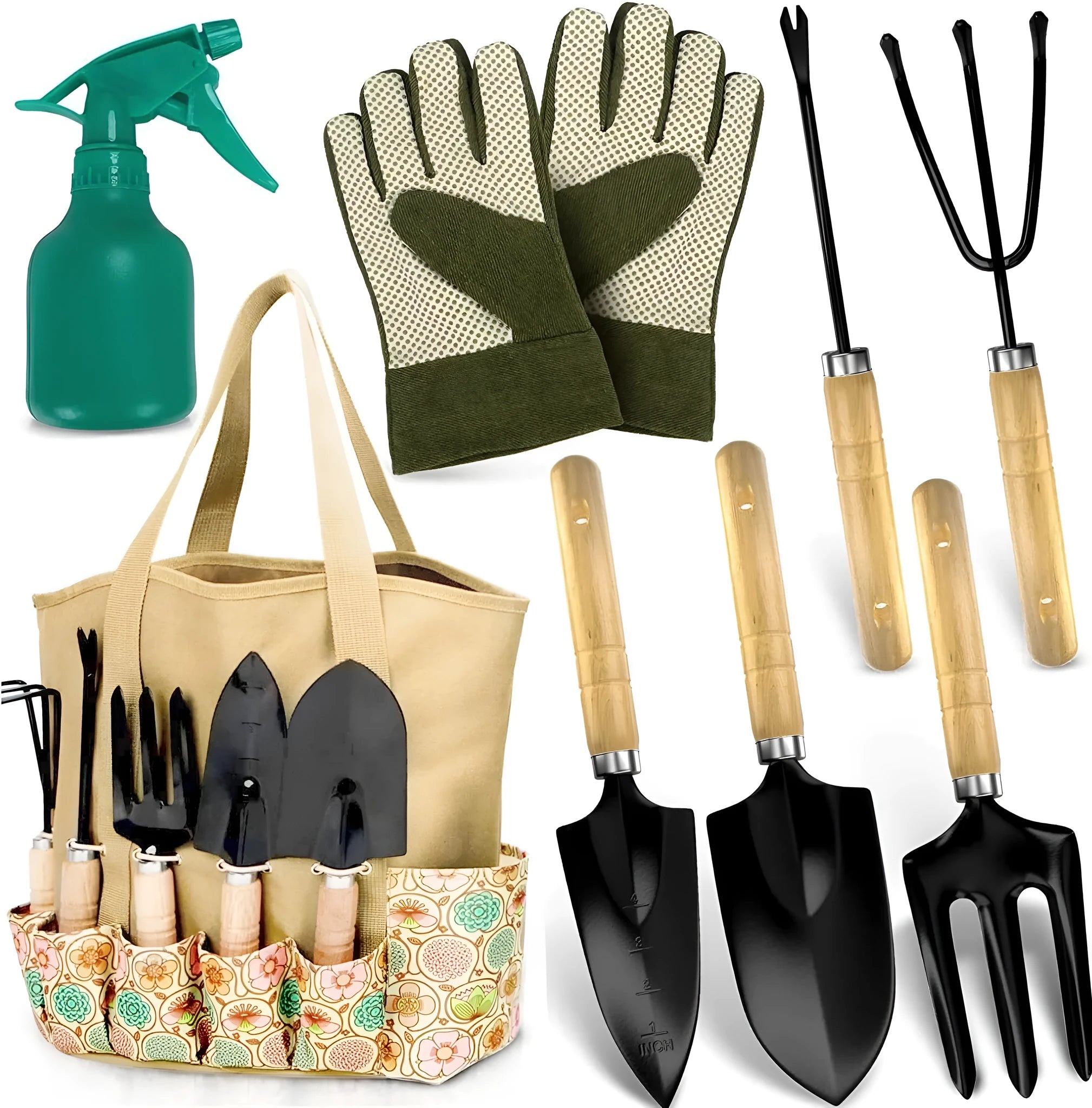 CG2001 stainless steel garden tool set of eight pieces including trowel, rake and fork on a garden background.