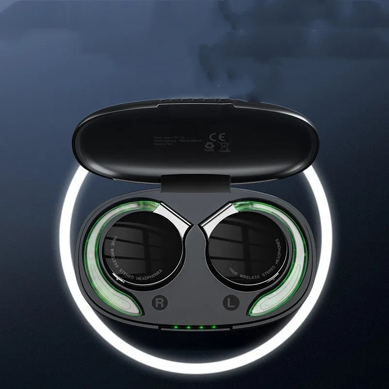 Black and white sports wireless Bluetooth earphones with ear plug design.