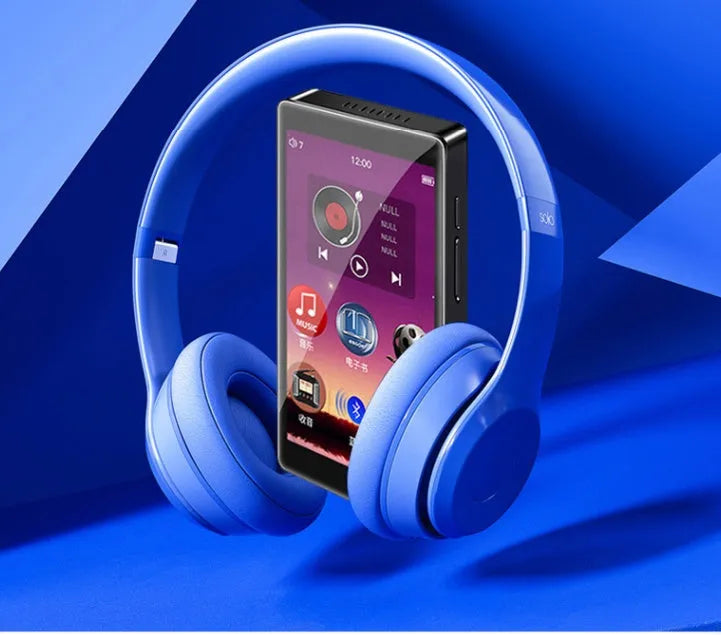 Black Ruizu H1 slim portable MP4 player with 4-inch touchscreen displayed on a stand.