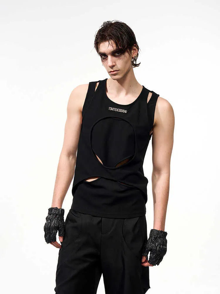 Men's black sleeveless waistcoat with hollow thread texture and round neck collar
