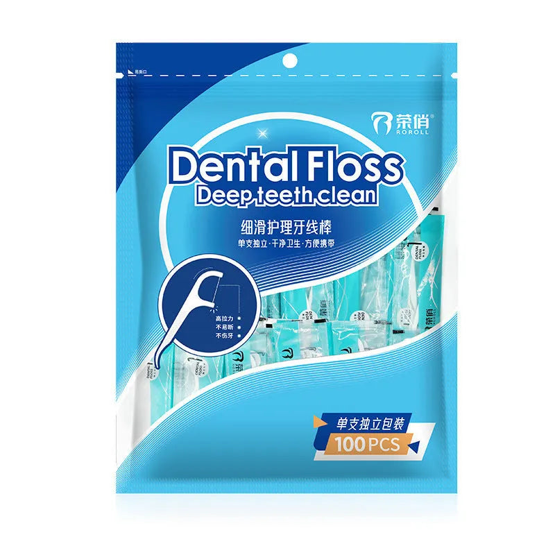 Disposable dental floss with independent packaging in 180x238mm plastic bag showing 100 or 108 pack options