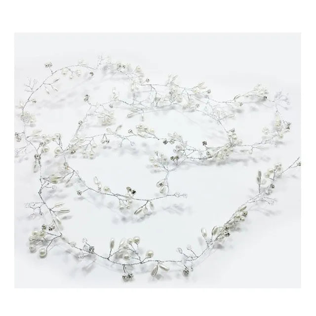 Bridal long hair band with pearls on wire, in gold silver or rose gold, showing length options.