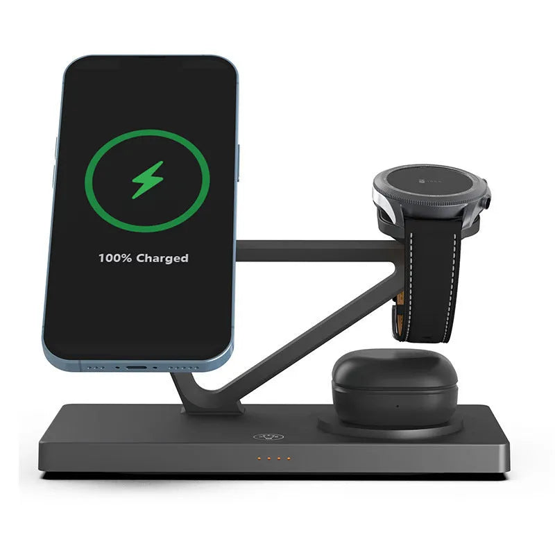 Black and white five-in-one wireless charging station with magnetic phone bracket, watch charger, and night light on wooden surface