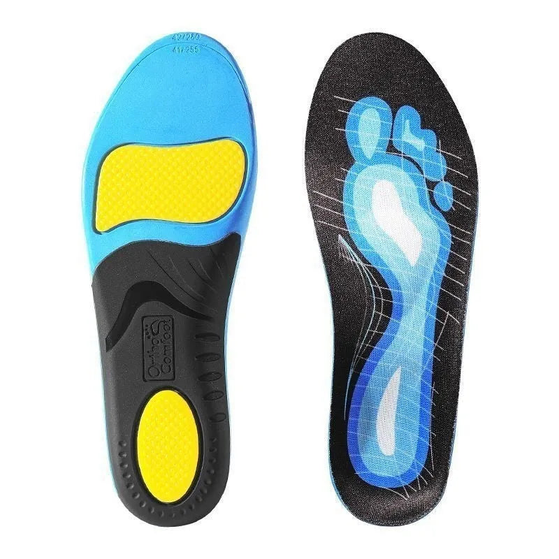 Blue and green flat foot correction insoles with raised arch support on a white background.