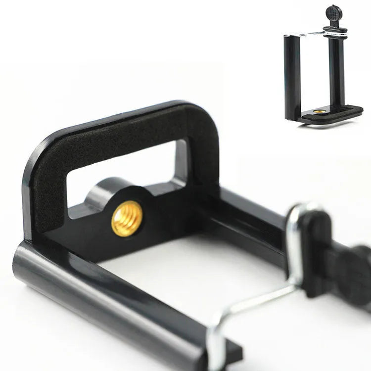 Black plastic universal mobile phone holder with U-clip bracket for attaching to cylindrical surfaces