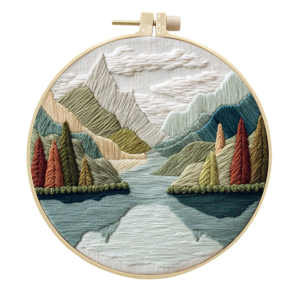 Landscape embroidery DIY kit with printed cotton fabric, bamboo frame, embroidery thread and needles