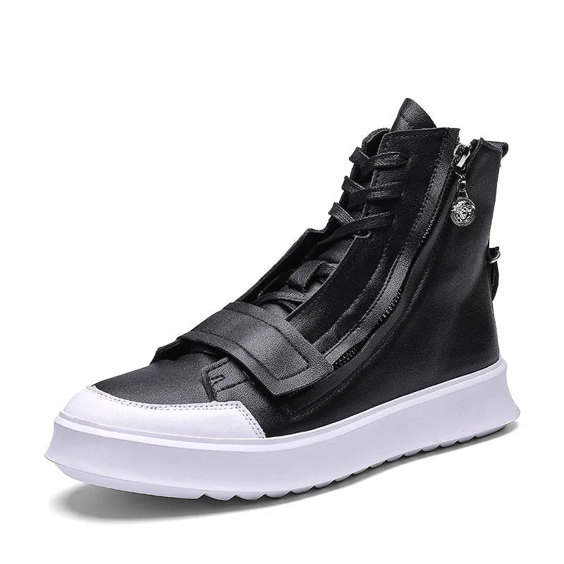 Men's black and white PU leather ankle boots in a high-top sneaker style for winter.