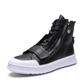 Men's black and white PU leather ankle boots in a high-top sneaker style for winter.