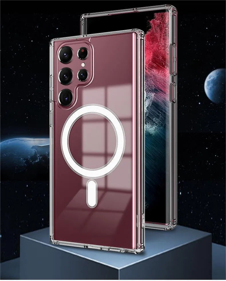Transparent magnetic phone case for Samsung Galaxy S21 S22 S23 series with MagSafe charging compatibility