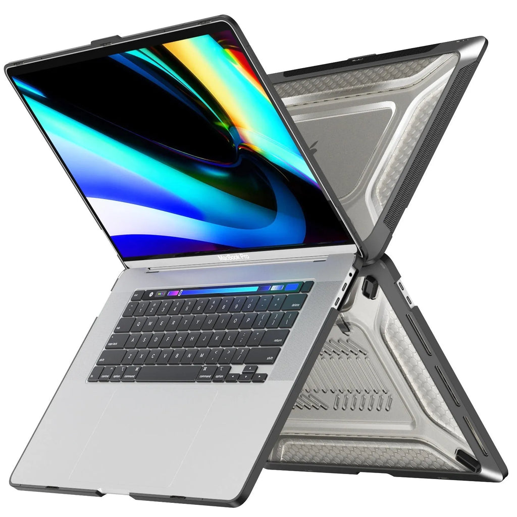 MacBook protective hard shell case in four colours: cool black, starry sky grey, elegant apricot, and sapphire blue
