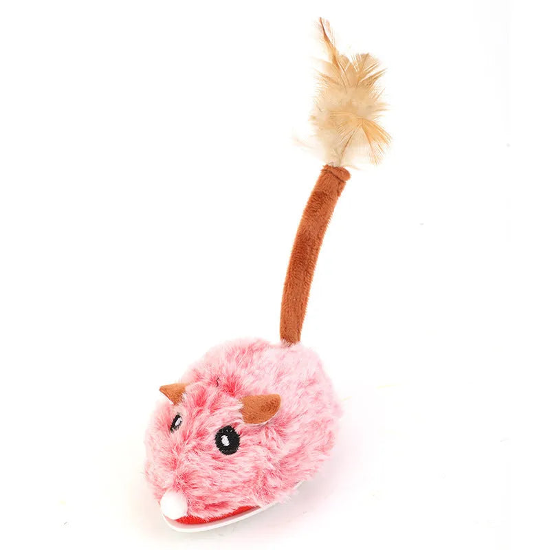 Electric cat pole toy with plush mouse in pink, purple or dark grey colours