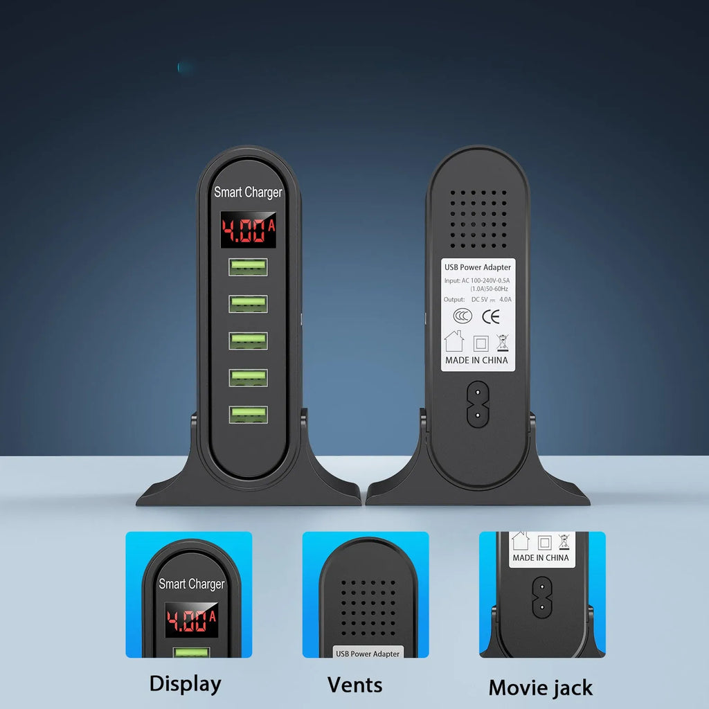 Smart USB charger with LED digital display showing charging status, available in black or white with UK EU US plug options