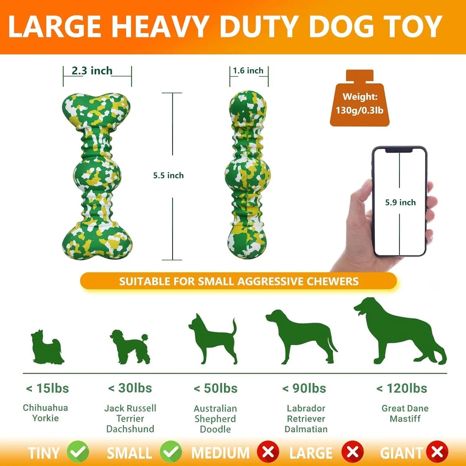 Large camouflage patterned natural rubber bone chew toy for dogs on a plain background.
