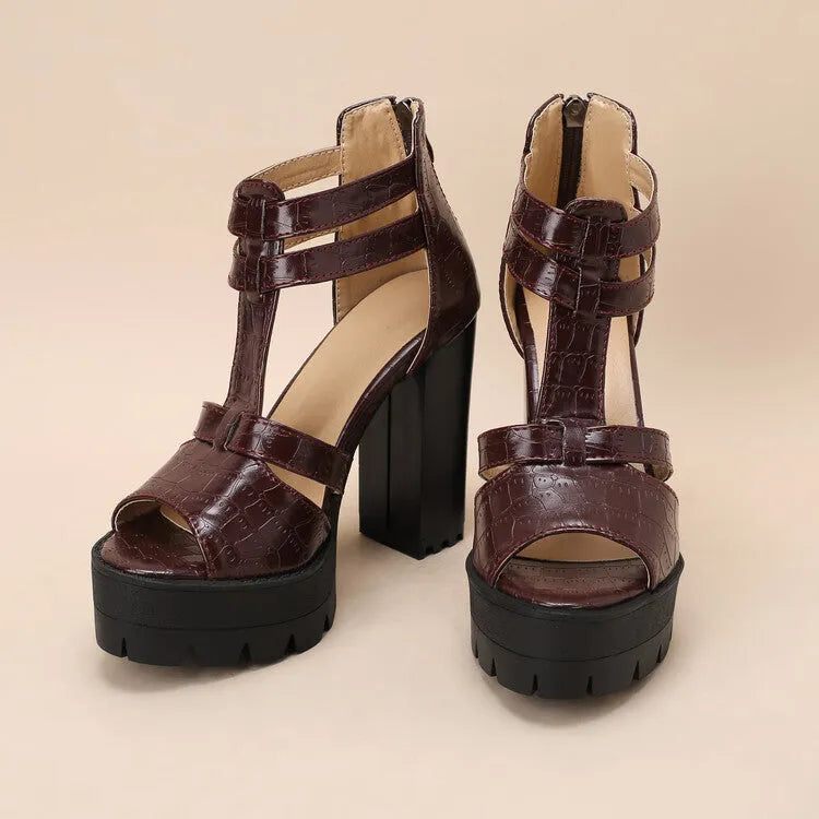 Platform high heel sandals with back zipper in black, wine red, and yellow colours.
