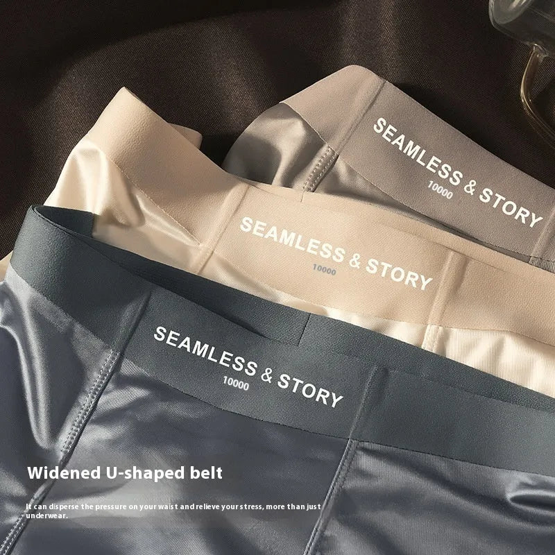 Men's solid colour Ice Silk boxer shorts with mid waist, shown in coffee, light grey, white, and blue.