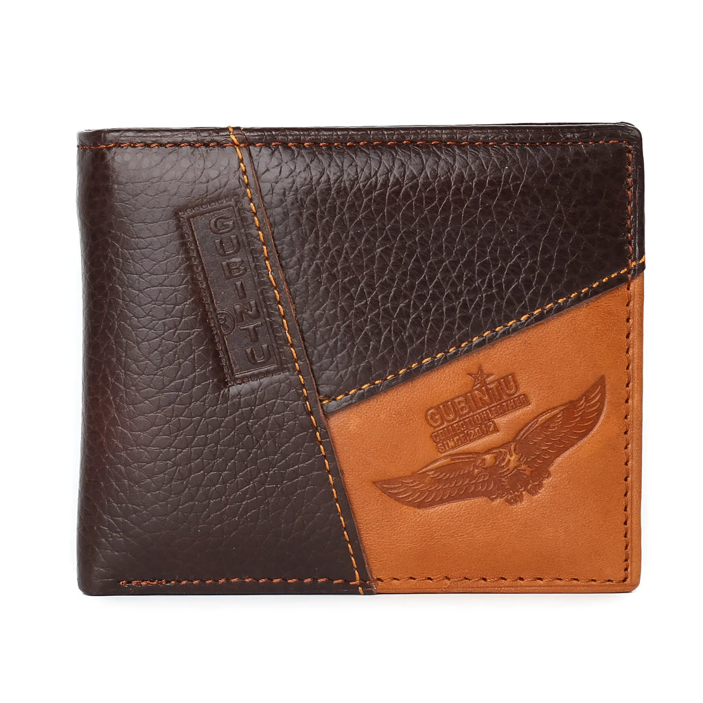 Men's soft leather 3-fold wallet with personality stitching and multiple internal card slots.