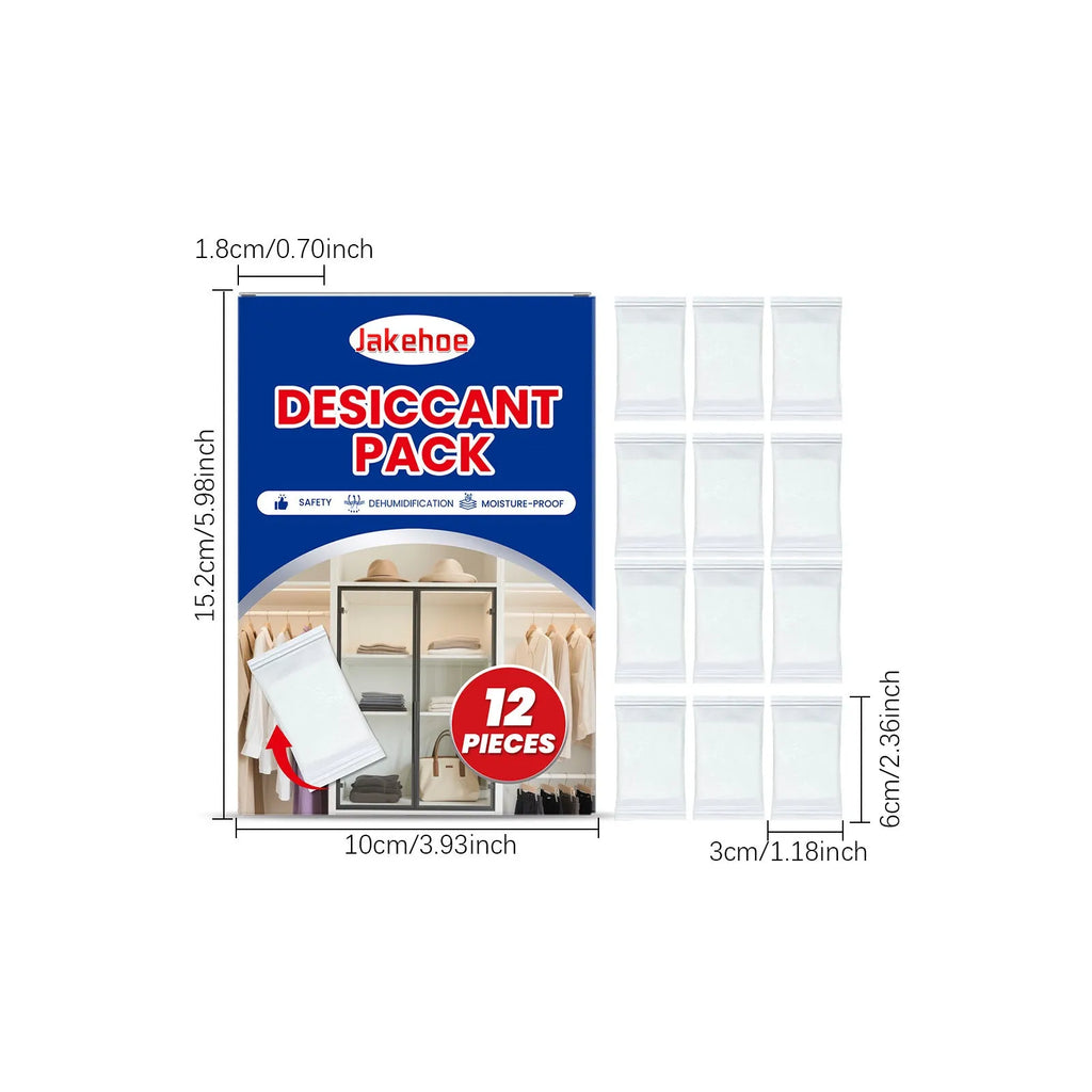 Pack of twelve white calcium chloride desiccant pouches for absorbing moisture in households.