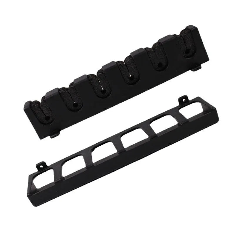 Black ABS plastic wall-mounted fishing rod holder rack in horizontal and upright style options