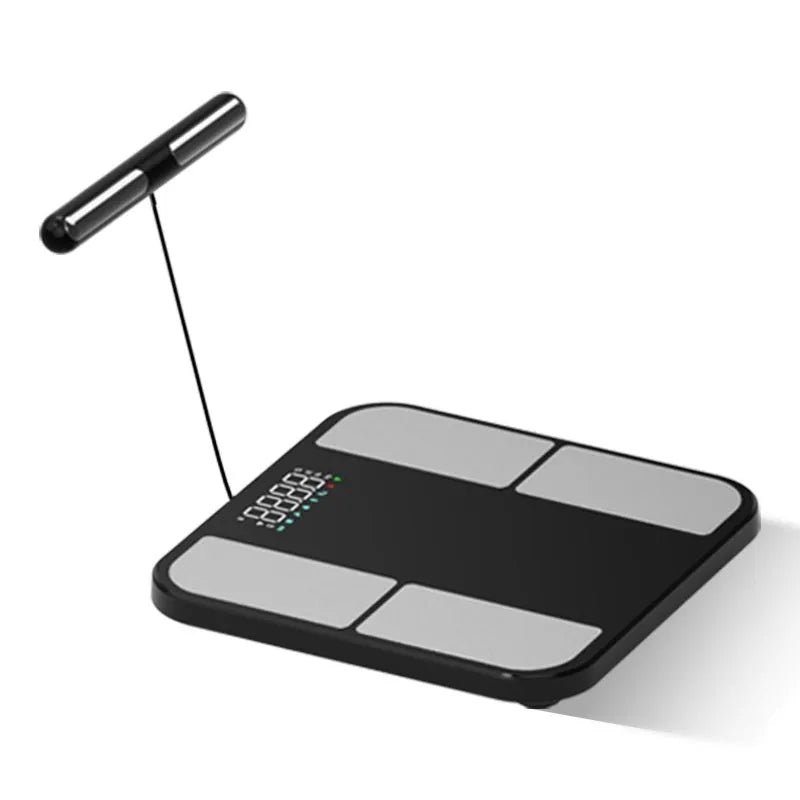 Black electronic weighing scale with tempered glass platform showing body fat percentage on colour display