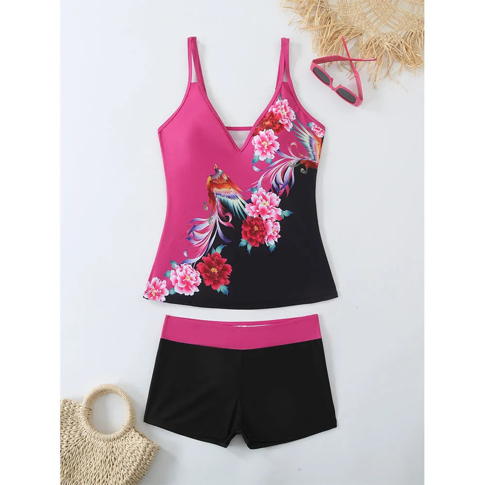 Plus size women's printed two-piece swimsuit in black or rose red with a cotton lining.