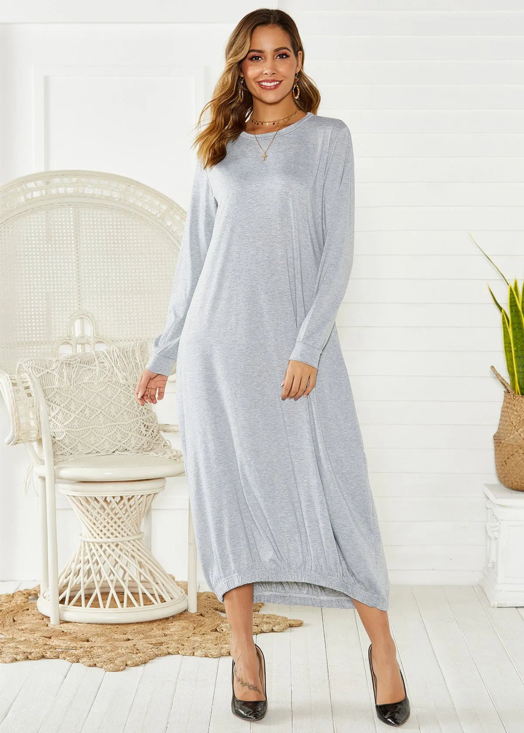 Black lantern dress with lace-up crew neck and loose casual fit